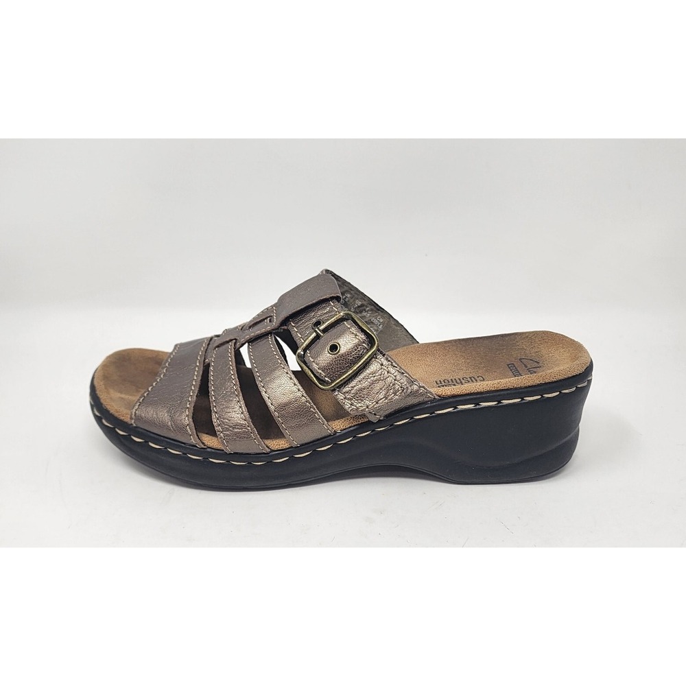 Clarks Sandals Womens 7M Lexi Alloy Slide Bronze Leather Open Toe Casual Buckle